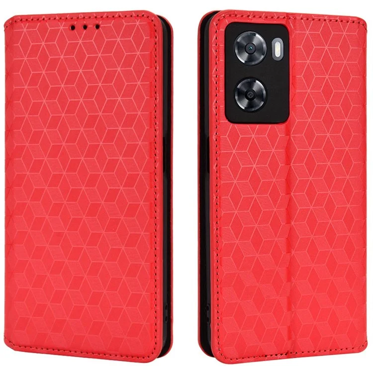 Per Oppo A57 4G / A57 (2022) 5G / A77 5G Assorbimento Magnetico Imprinting Rhombo Pattern PU Coperchi - Rosso