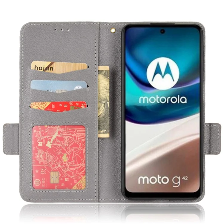 Para Motorola Moto G42 4G PU Leather Litchi Textura Caixa de Textura Anti-arranhão Stand Polícia de Mão Magnética Tampa - Cinza