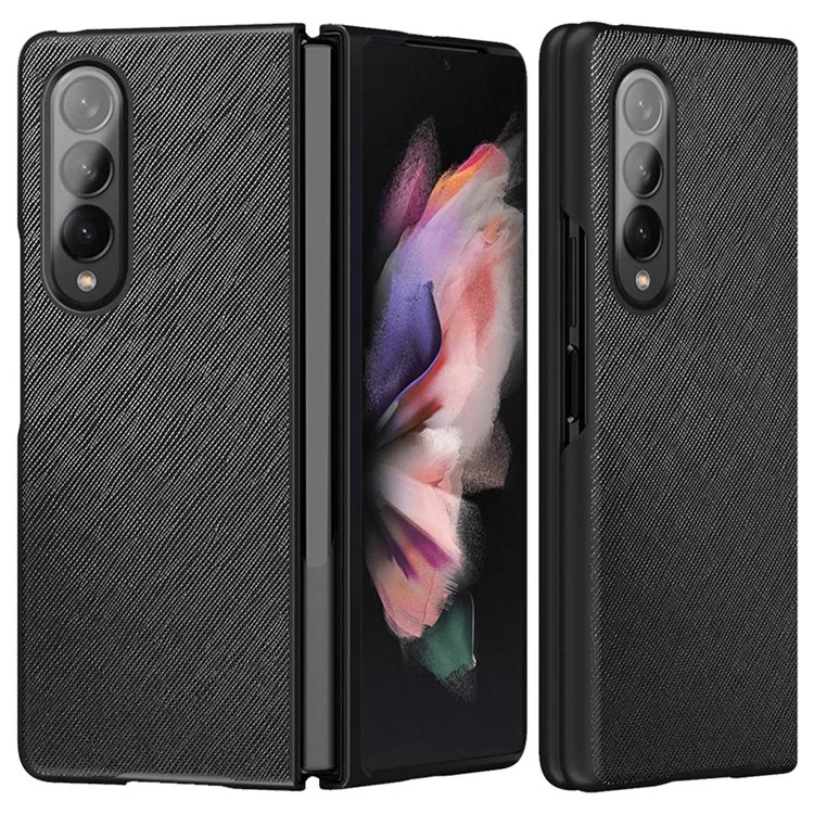 Pour Samsung Galaxy Z Fold4 5G Anti-drop Cross Texture Phone Case Rubberized PU Leather Coated PC Wear-resistant Phone Cover Shell - Noir
