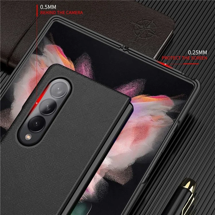Pour Samsung Galaxy Z Fold4 5G Anti-drop Cross Texture Phone Case Rubberized PU Leather Coated PC Wear-resistant Phone Cover Shell - Noir