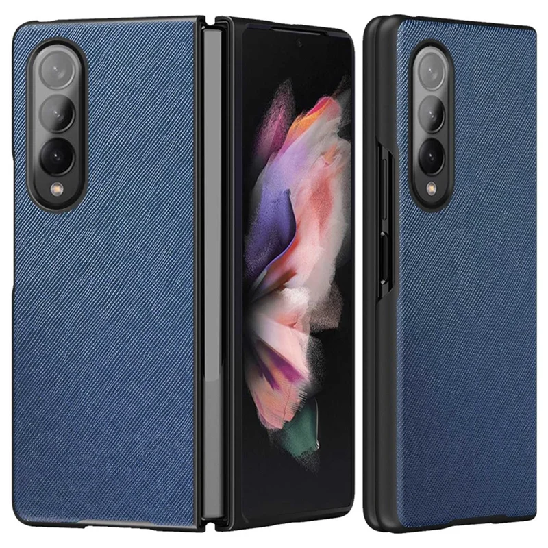 For Samsung Galaxy Z Fold4 5G Anti-drop Cross Texture Phone Case Rubberized PU Leather Coated PC Wear-resistant Phone Cover Shell - Sapphire