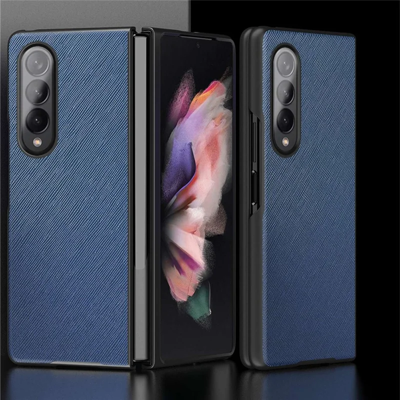 For Samsung Galaxy Z Fold4 5G Anti-drop Cross Texture Phone Case Rubberized PU Leather Coated PC Wear-resistant Phone Cover Shell - Sapphire