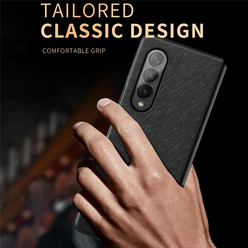 For Samsung Galaxy Z Fold4 5G Anti-drop Cross Texture Phone Case Rubberized PU Leather Coated PC Wear-resistant Phone Cover Shell - Sapphire