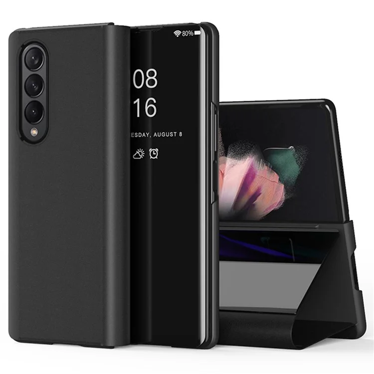 Pour Samsung Galaxy Z Fold4 5G Vieux Vieux PU Cuir PU Miroir de Support Pliant Électropullant Protecteur du Couvercle du Téléphone - le Noir