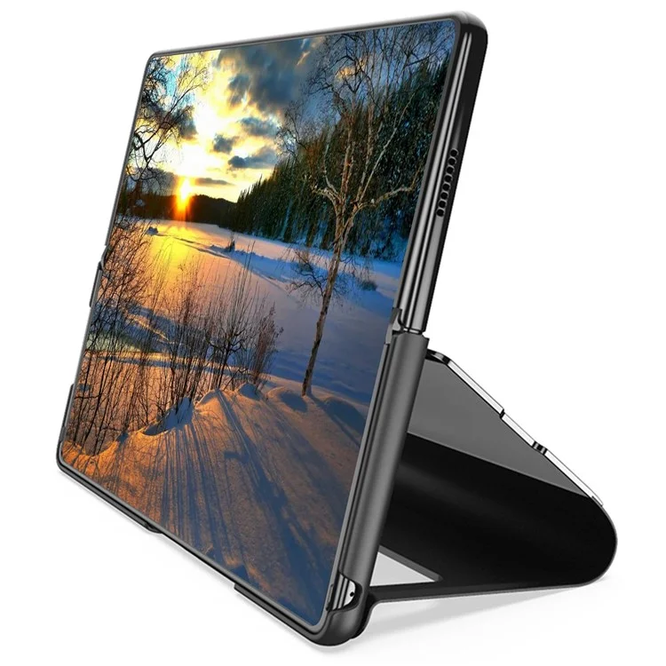 For Samsung Galaxy Z Fold4 5G View Window PU Leather Case Foldable Stand Mirror Electroplating Phone Cover Protector - Black