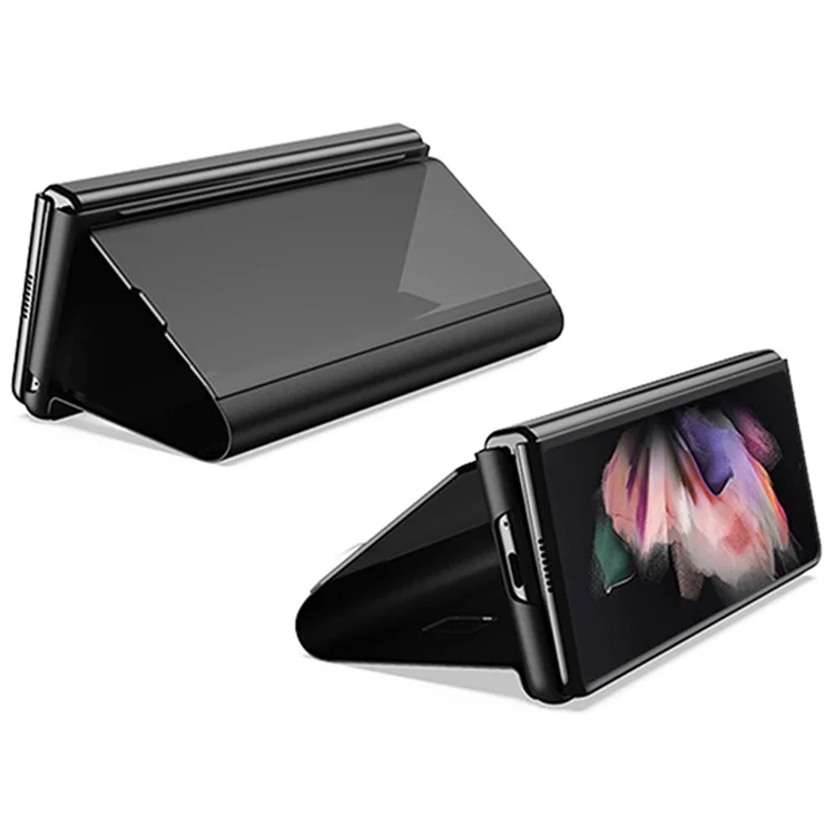 For Samsung Galaxy Z Fold4 5G View Window PU Leather Case Foldable Stand Mirror Electroplating Phone Cover Protector - Black