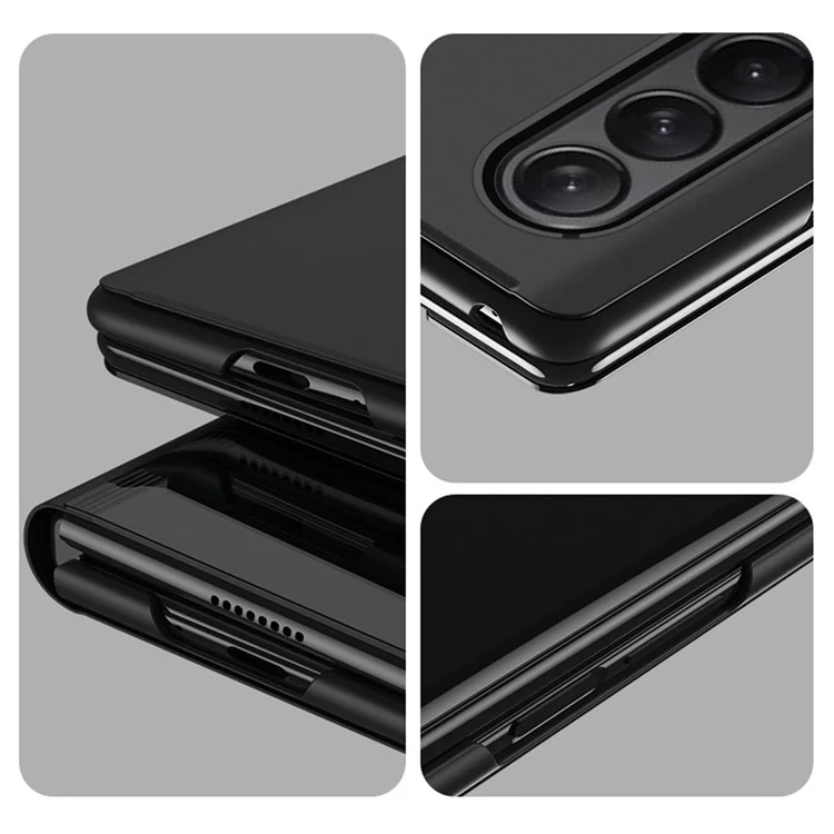 For Samsung Galaxy Z Fold4 5G View Window PU Leather Case Foldable Stand Mirror Electroplating Phone Cover Protector - Black