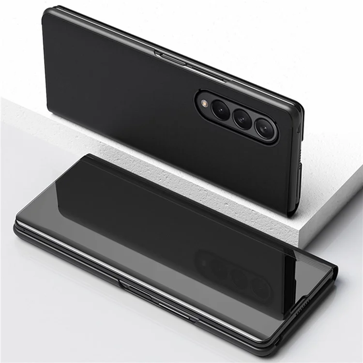 For Samsung Galaxy Z Fold4 5G View Window PU Leather Case Foldable Stand Mirror Electroplating Phone Cover Protector - Black