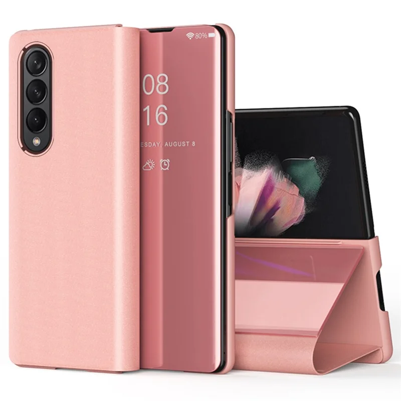 For Samsung Galaxy Z Fold4 5G View Window PU Leather Case Foldable Stand Mirror Electroplating Phone Cover Protector - Rose Gold