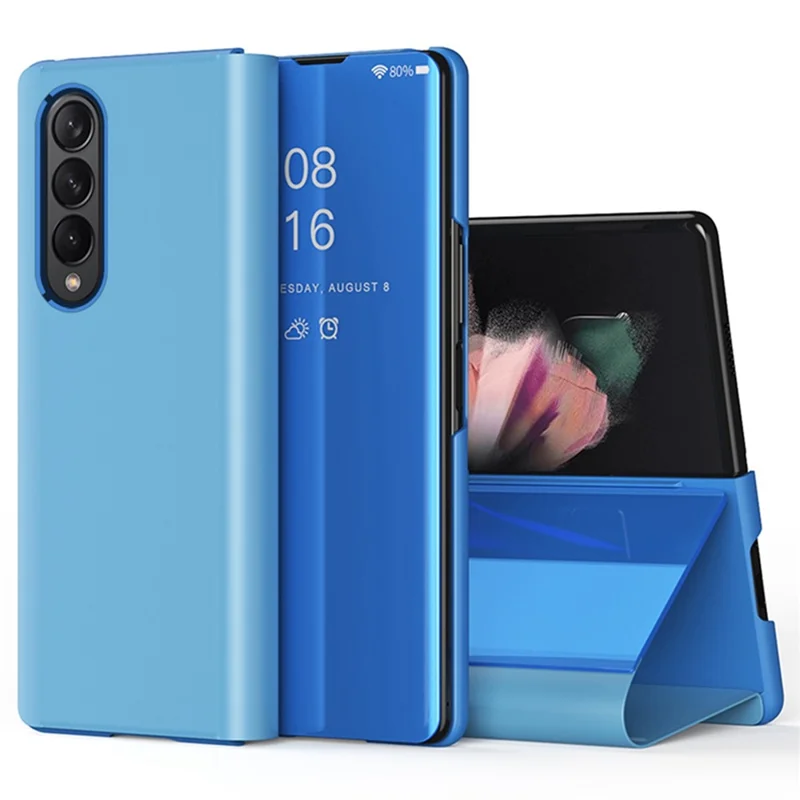For Samsung Galaxy Z Fold4 5G View Window PU Leather Case Foldable Stand Mirror Electroplating Phone Cover Protector - Blue