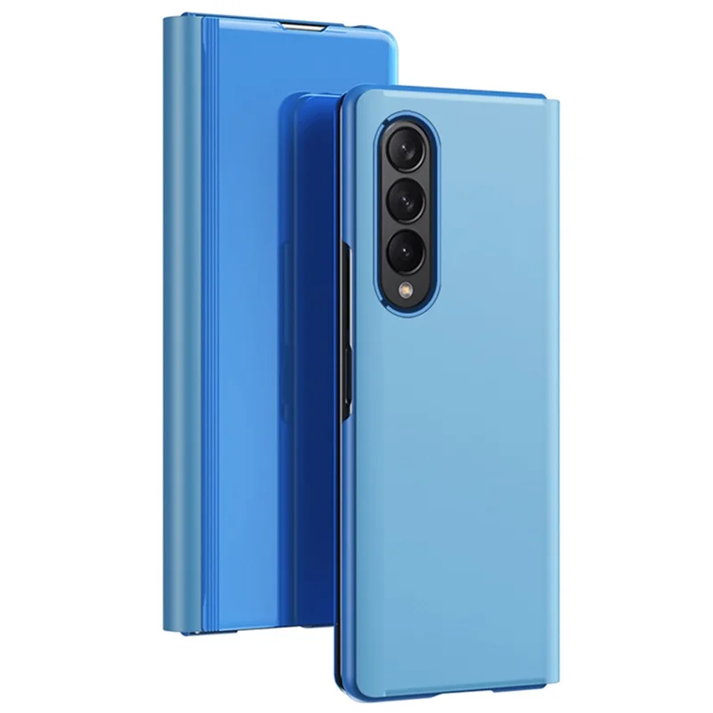 For Samsung Galaxy Z Fold4 5G View Window PU Leather Case Foldable Stand Mirror Electroplating Phone Cover Protector - Blue