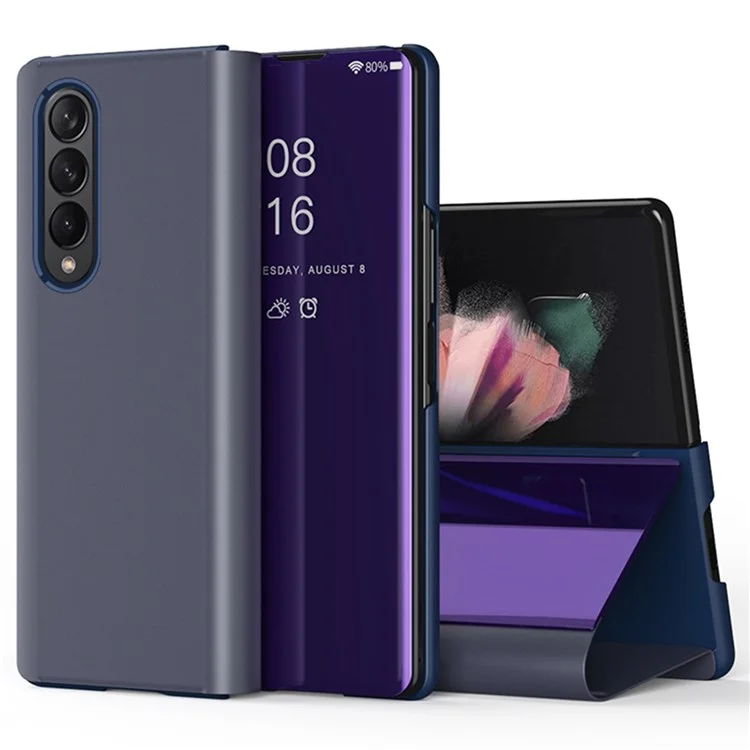 Чехол-книжка из ПУ-кожи с окном для Samsung Galaxy Z Fold4 5G, зеркальная поверхность, откидная подставка, защитный чехол - фиолетовый