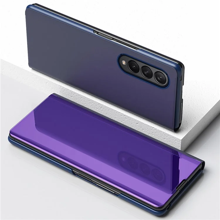 Чехол-книжка из ПУ-кожи с окном для Samsung Galaxy Z Fold4 5G, зеркальная поверхность, откидная подставка, защитный чехол - фиолетовый