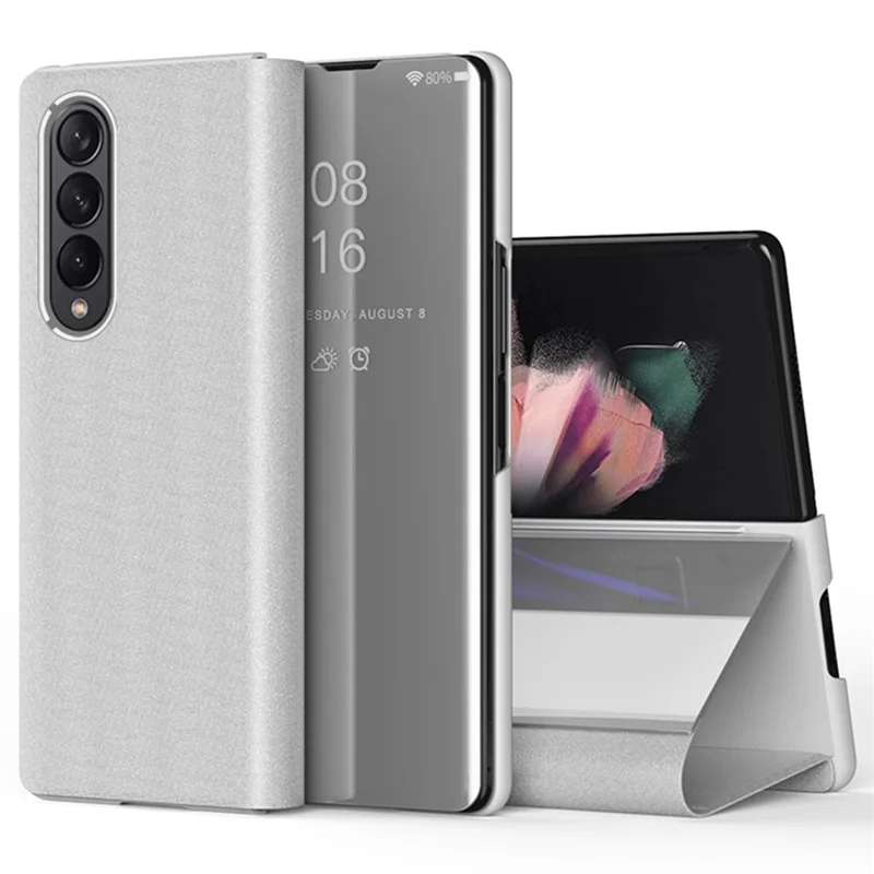 For Samsung Galaxy Z Fold4 5G View Window PU Leather Case Foldable Stand Mirror Electroplating Phone Cover Protector - Silver