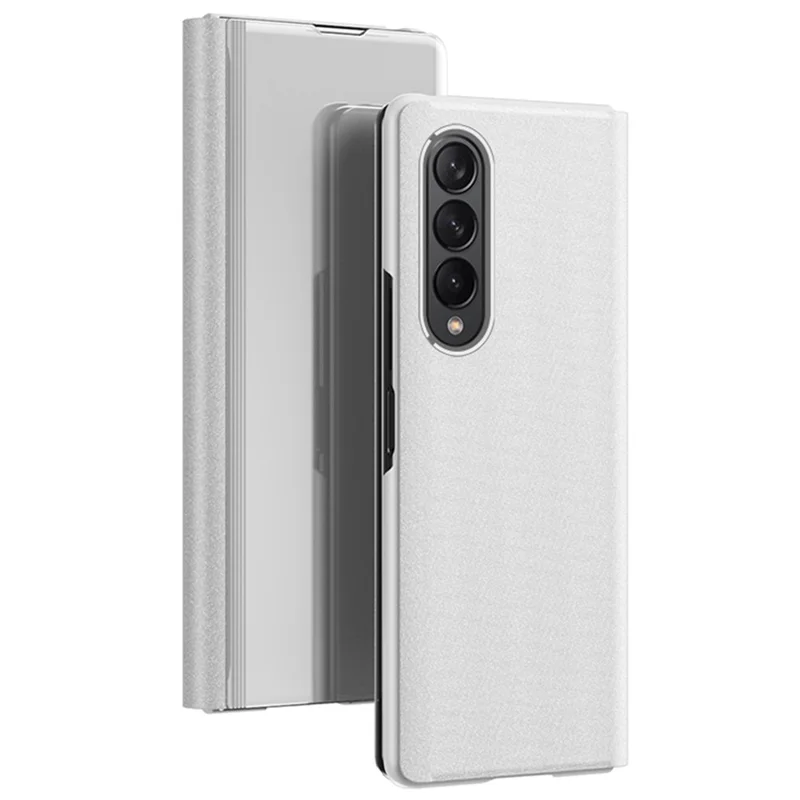 For Samsung Galaxy Z Fold4 5G View Window PU Leather Case Foldable Stand Mirror Electroplating Phone Cover Protector - Silver