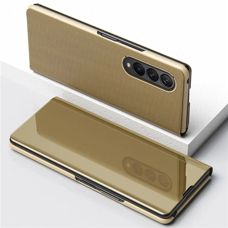 Per Samsung Galaxy Z Fold4 5G View Window PU Leather Case Foldable Stand Mirror Electroplating Phone Cover Protector - Oro