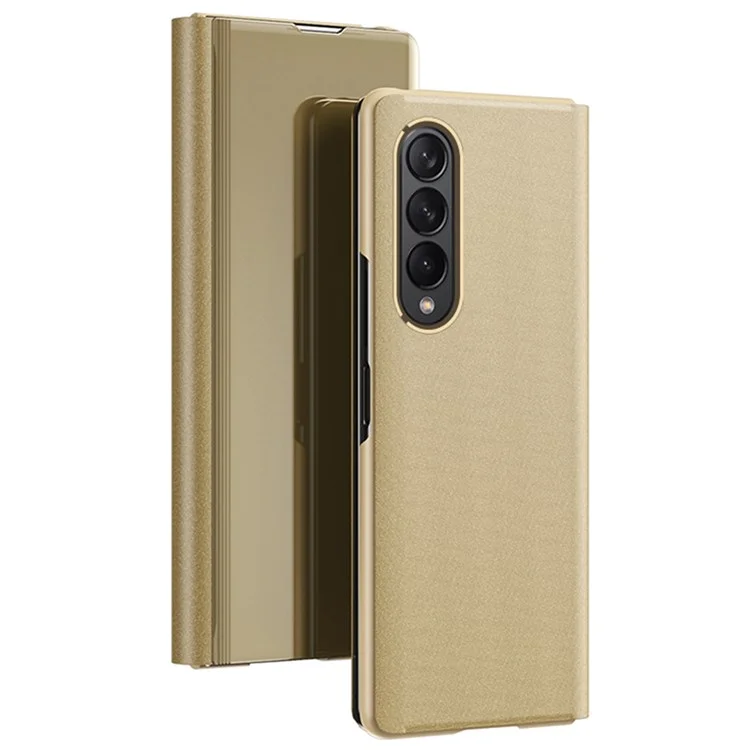 Per Samsung Galaxy Z Fold4 5G View Window PU Leather Case Foldable Stand Mirror Electroplating Phone Cover Protector - Oro