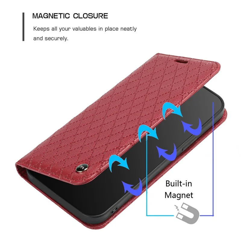 For Xiaomi Redmi 10 5G / Note 11E 5G / Redmi 10 Prime+ 5G Anti-scratch Litchi Texture Wallet Case Folio Flip Cover Rhombus Pattern PU Leather Stand - Red