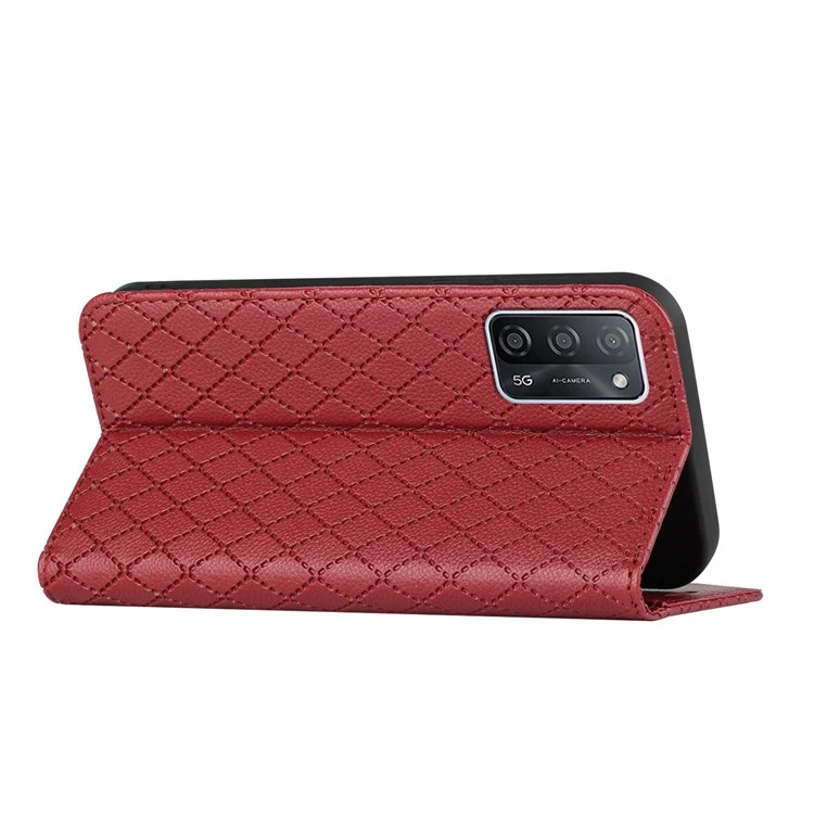 Para o Oppo A55 5G / A53s 5G / A54 4G / A16 / A54s / A56 5G / A16s / Realme V11 5g Litchi Texture Shouation Caso Rhombus Padrão da Carteira da Carteira Tampa do Telefone - Vermelho