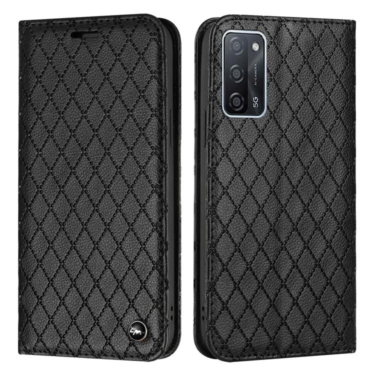 Für Oppo A55 5G / A53s 5G / A54 4G / A16 / A54s / A56 5G / A16s / Realme V11 5G Litchi Textur Leder Hülle Rhombusmuster -prädsment Wallet Stand Telefonabdeckung - Schwarz