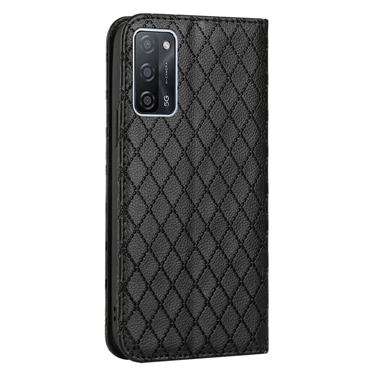 Für Oppo A55 5G / A53s 5G / A54 4G / A16 / A54s / A56 5G / A16s / Realme V11 5G Litchi Textur Leder Hülle Rhombusmuster -prädsment Wallet Stand Telefonabdeckung - Schwarz