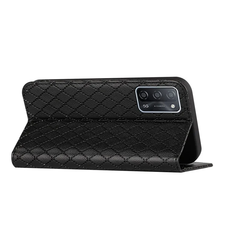 Für Oppo A55 5G / A53s 5G / A54 4G / A16 / A54s / A56 5G / A16s / Realme V11 5G Litchi Textur Leder Hülle Rhombusmuster -prädsment Wallet Stand Telefonabdeckung - Schwarz