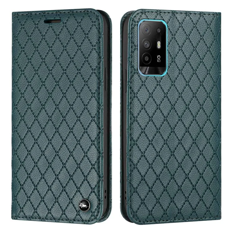 Para o Oppo A94 / A94 5G / A95 5G / F19 Pro+ 5g / Reno5 Z / F19 Pro / Reno5 F / Reno5 Lite Carteira Stand pu Caso de Couro Litchi Textura Rhombus Padrão de Cobertura do Telefone - Verde