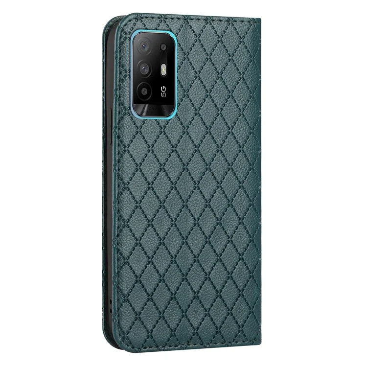 Para o Oppo A94 / A94 5G / A95 5G / F19 Pro+ 5g / Reno5 Z / F19 Pro / Reno5 F / Reno5 Lite Carteira Stand pu Caso de Couro Litchi Textura Rhombus Padrão de Cobertura do Telefone - Verde