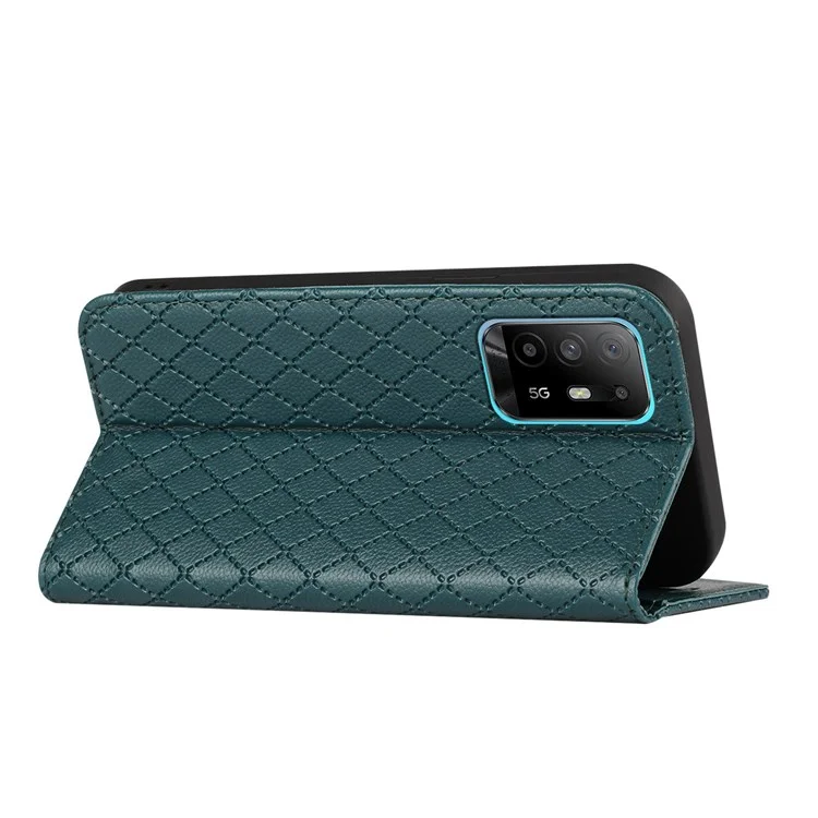 Para o Oppo A94 / A94 5G / A95 5G / F19 Pro+ 5g / Reno5 Z / F19 Pro / Reno5 F / Reno5 Lite Carteira Stand pu Caso de Couro Litchi Textura Rhombus Padrão de Cobertura do Telefone - Verde