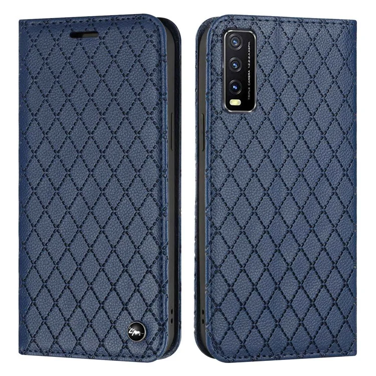 For vivo Y30 /  Y20 / Y20i / Y20s / iQOO U1x / Y20G / Y20 2021 / Y11s / Y12a / Y12s 2021 / Y30g / Y20A Shockproof Flip Wallet Case with Rhombus Pattern - Blue