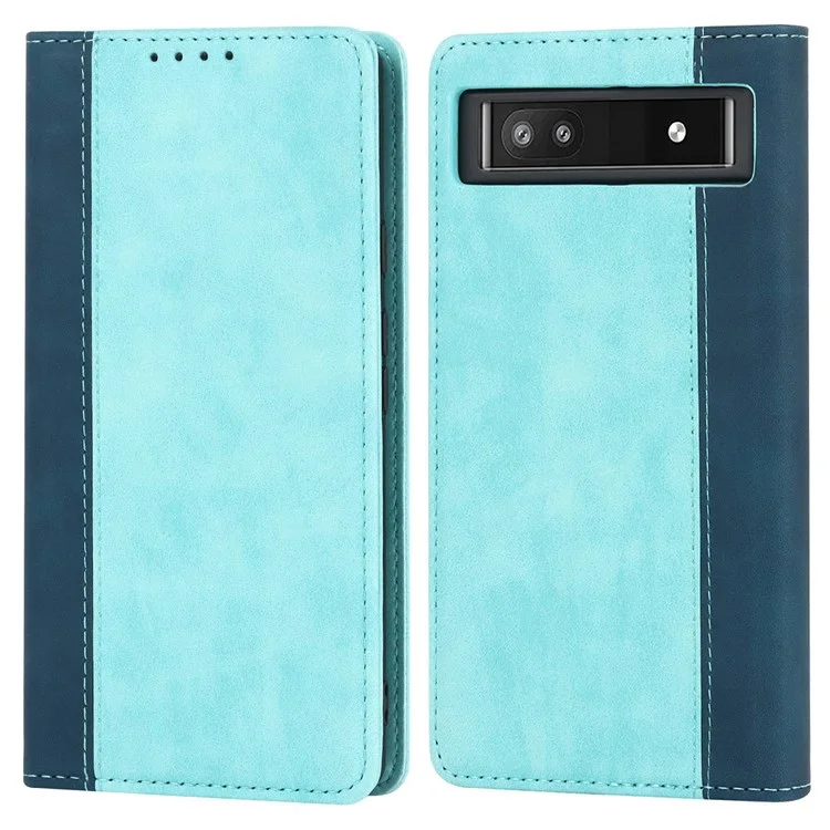 Bi-color Splicing Phone Case for Google Pixel 6a, Magnetic Auto-absorbed PU Leather Wallet Stand Flip Cover - Light Blue / Dark Blue