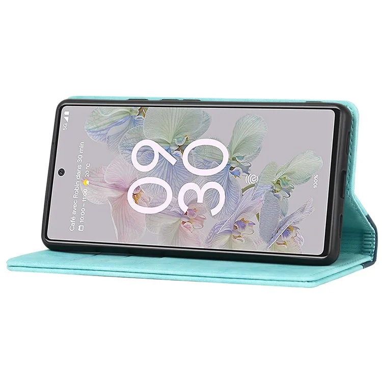 Bi-color Splicing Phone Case for Google Pixel 6a, Magnetic Auto-absorbed PU Leather Wallet Stand Flip Cover - Light Blue / Dark Blue