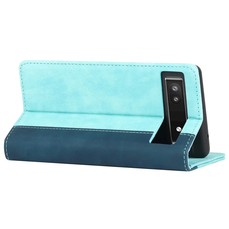 Bi-color Splicing Phone Case for Google Pixel 6a, Magnetic Auto-absorbed PU Leather Wallet Stand Flip Cover - Light Blue / Dark Blue