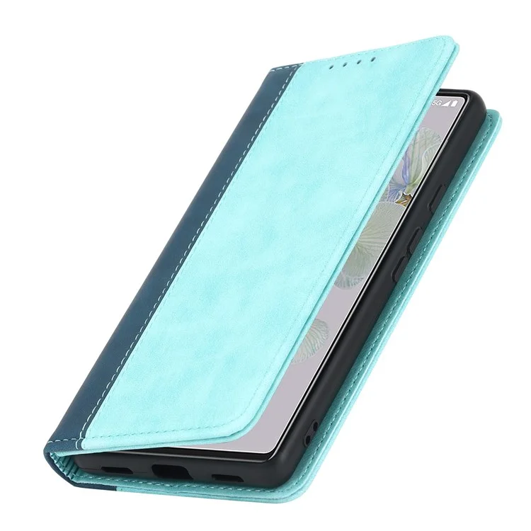Bi-color Splicing Phone Case for Google Pixel 6a, Magnetic Auto-absorbed PU Leather Wallet Stand Flip Cover - Light Blue / Dark Blue