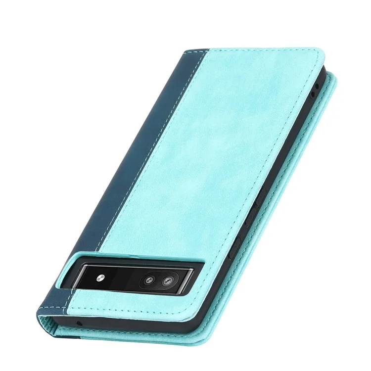 Bi-color Splicing Phone Case for Google Pixel 6a, Magnetic Auto-absorbed PU Leather Wallet Stand Flip Cover - Light Blue / Dark Blue