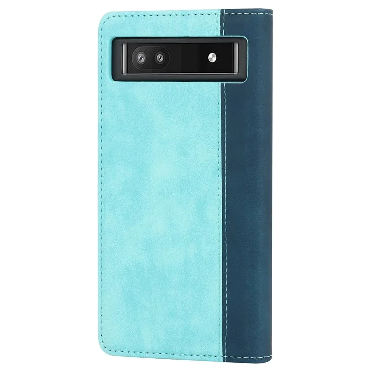 Bi-color Splicing Phone Case for Google Pixel 6a, Magnetic Auto-absorbed PU Leather Wallet Stand Flip Cover - Light Blue / Dark Blue