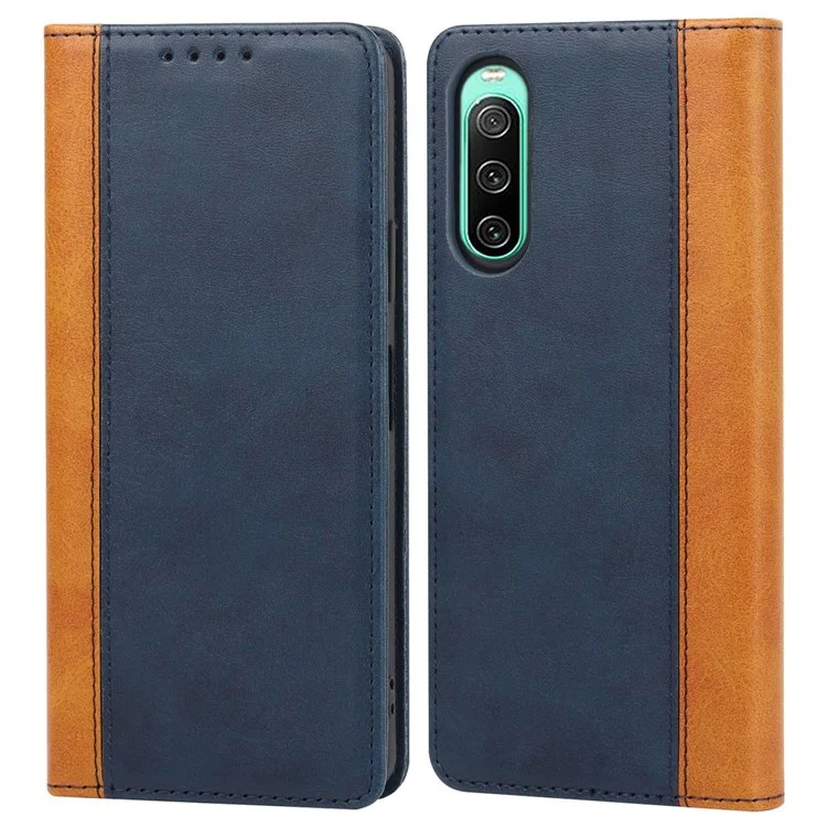 Case de Billetera de Soporte Bicolor Para Sony Xperia 10 IV 5G, Cubierta de TPU Interna de la Cubierta Del Teléfono de Cuero PU - Azul / Amarillo