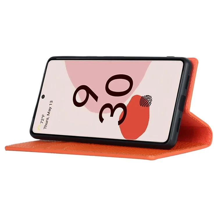 Для Google Pixel 7 5G Full Protection Litchi Texture Genuine Leather Phone Case Stand Drop-proof Flip Wallet Cover with Wrist Strap - Orange