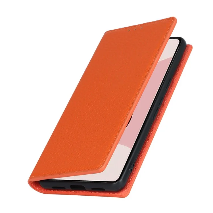 Для Google Pixel 7 5G Full Protection Litchi Texture Genuine Leather Phone Case Stand Drop-proof Flip Wallet Cover with Wrist Strap - Orange