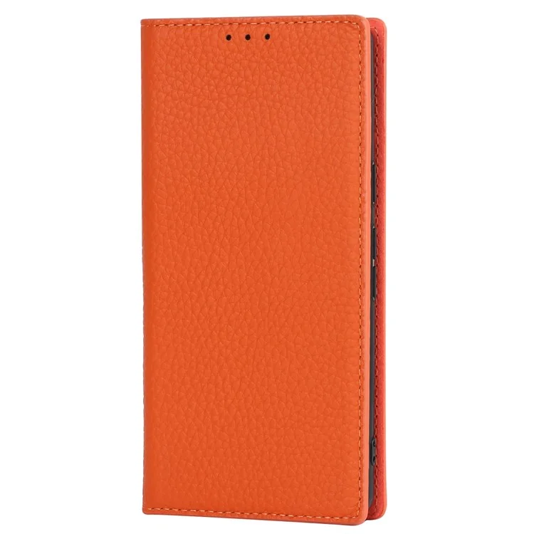 Для Google Pixel 7 5G Full Protection Litchi Texture Genuine Leather Phone Case Stand Drop-proof Flip Wallet Cover with Wrist Strap - Orange