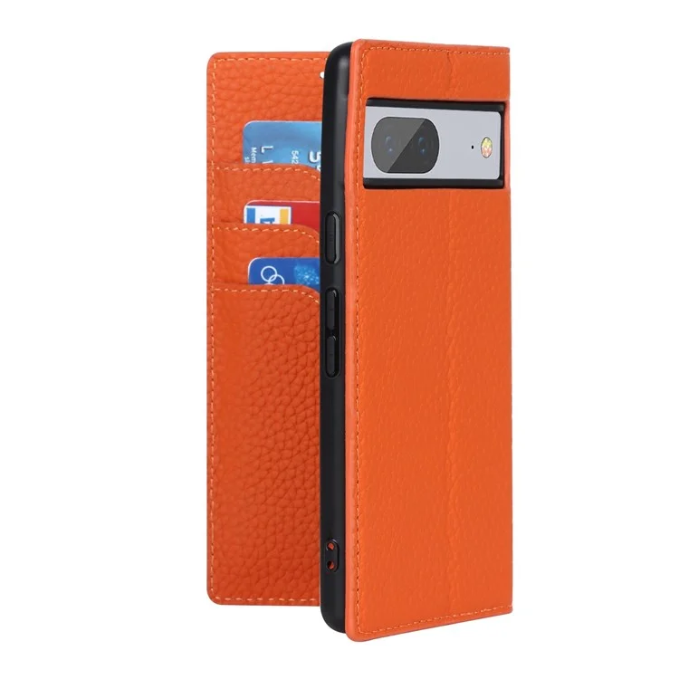 Для Google Pixel 7 5G Full Protection Litchi Texture Genuine Leather Phone Case Stand Drop-proof Flip Wallet Cover with Wrist Strap - Orange