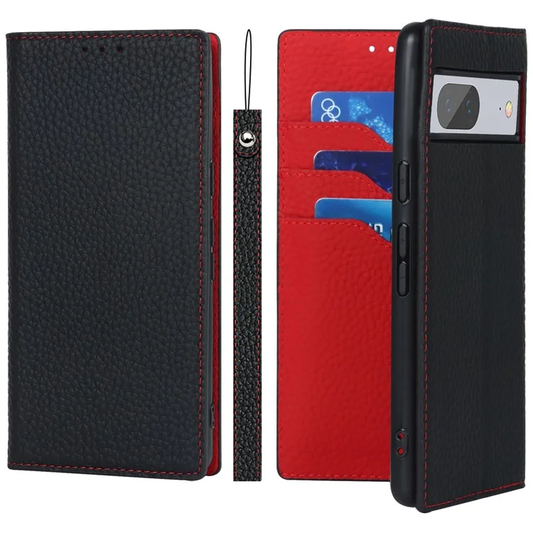 Pour Google Pixel 7 5G Protection complète Texture Litchi Véritable étui en cuir de téléphone Support Antichute Portefeuille Flip Cover avec Sangle de Poignet - Noir
