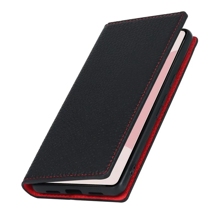 Pour Google Pixel 7 5G Protection complète Texture Litchi Véritable étui en cuir de téléphone Support Antichute Portefeuille Flip Cover avec Sangle de Poignet - Noir