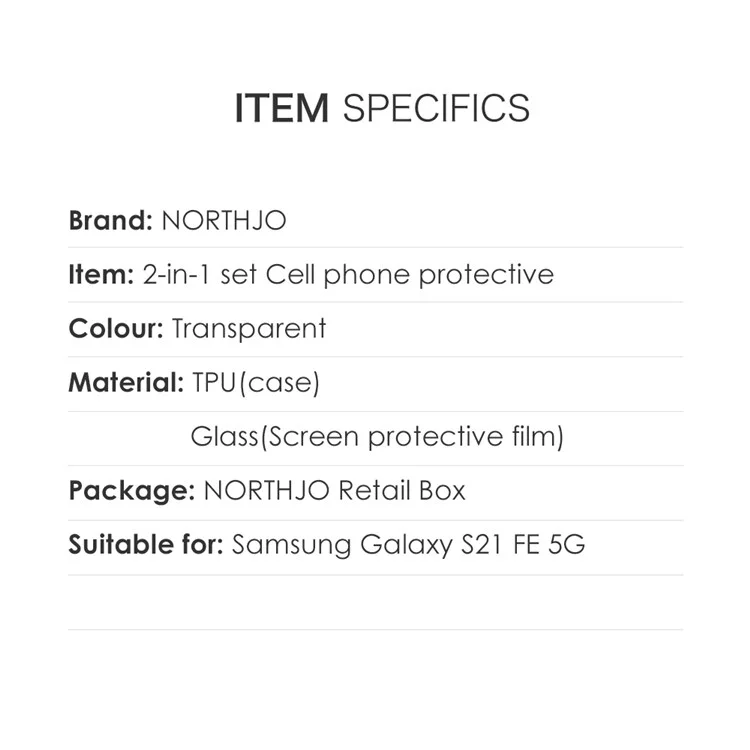 NORTHJO For Samsung Galaxy S21 FE 5G Flexible TPU Protective Phone Case with Tempered Glass Screen Protector