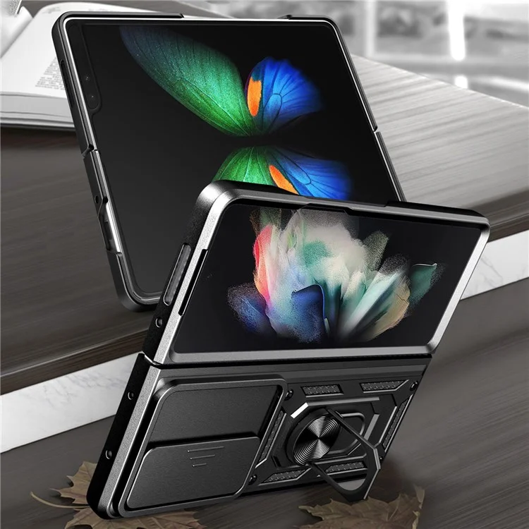 For Samsung Galaxy Z Fold4 5G Anti-drop Phone Case Kickstand PC + TPU Hybrid Cover with Slide Camera Protection - Black