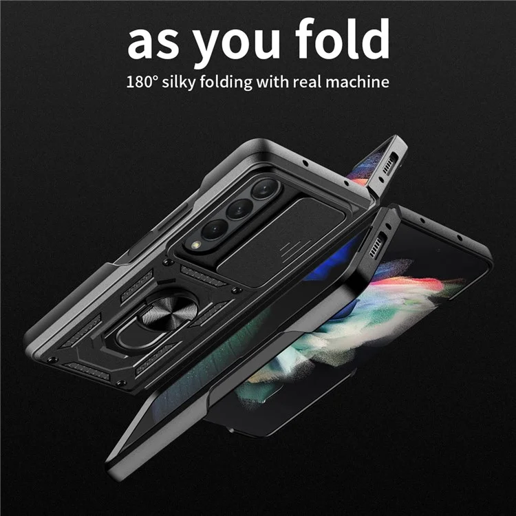 For Samsung Galaxy Z Fold4 5G Anti-drop Phone Case Kickstand PC + TPU Hybrid Cover with Slide Camera Protection - Black