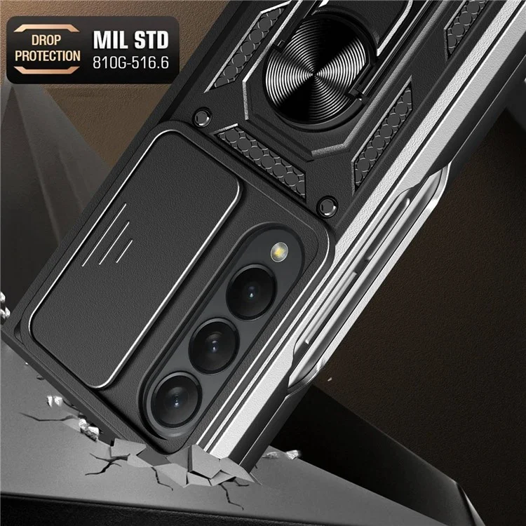 For Samsung Galaxy Z Fold4 5G Anti-drop Phone Case Kickstand PC + TPU Hybrid Cover with Slide Camera Protection - Black