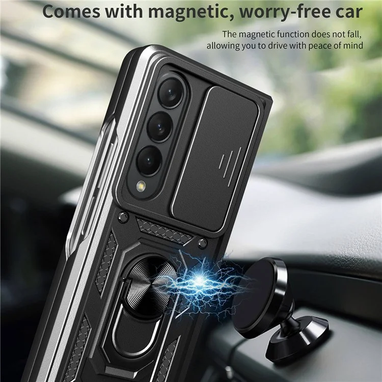 For Samsung Galaxy Z Fold4 5G Anti-drop Phone Case Kickstand PC + TPU Hybrid Cover with Slide Camera Protection - Black