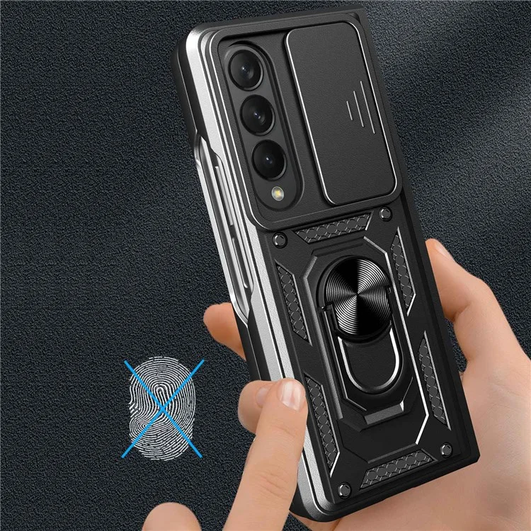 For Samsung Galaxy Z Fold4 5G Anti-drop Phone Case Kickstand PC + TPU Hybrid Cover with Slide Camera Protection - Black