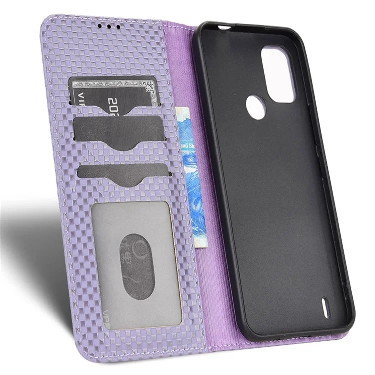 For Nokia C21 Plus 4G Grid Texture PU Leather Stand Case Magnetic Auto-absorbed Wallet Design Cell Phone Cover - Light Purple